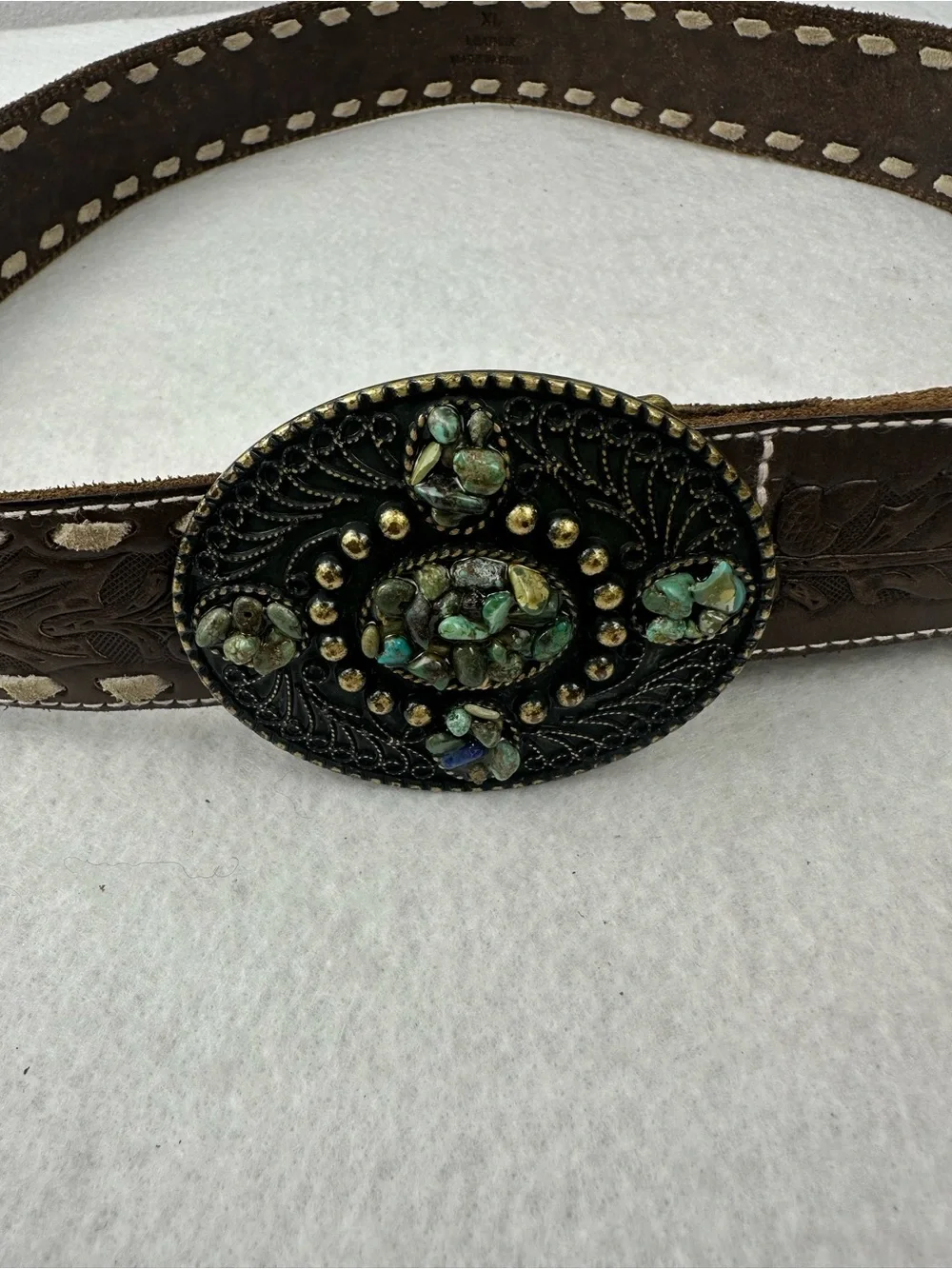 Brown Western Embossed Leather Belt with Decorative Oval Buckle